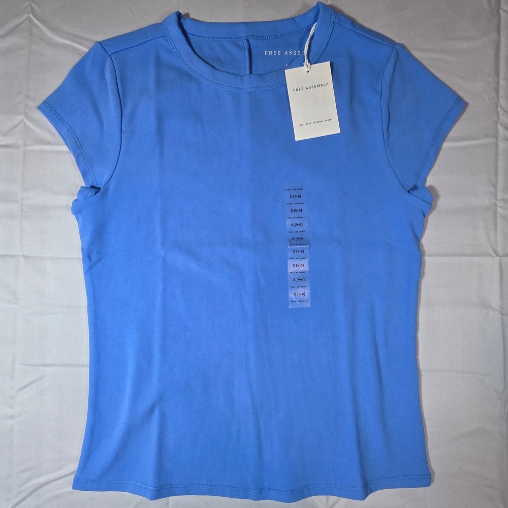 Free Assembly Womens Blue Ribbed Cap Sleeve Crew Neck Tee Shirt Small 4-6